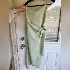 Sage Green Textured Strappy One Shoulder Wrap Midi Dress